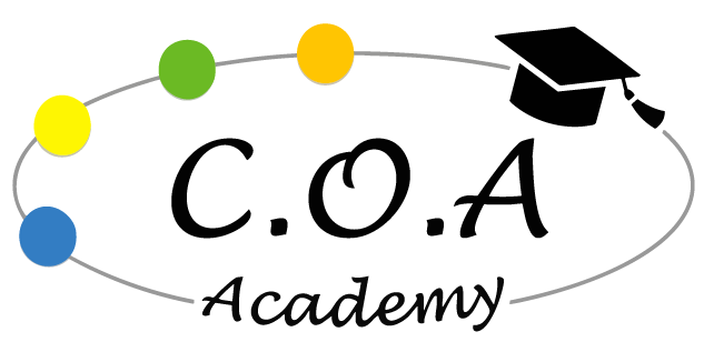 Logo C.O.A Academy avec un chapeau de diplômé et cinq pastilles colorées représentant la formation professionnelle en énergie solaire.